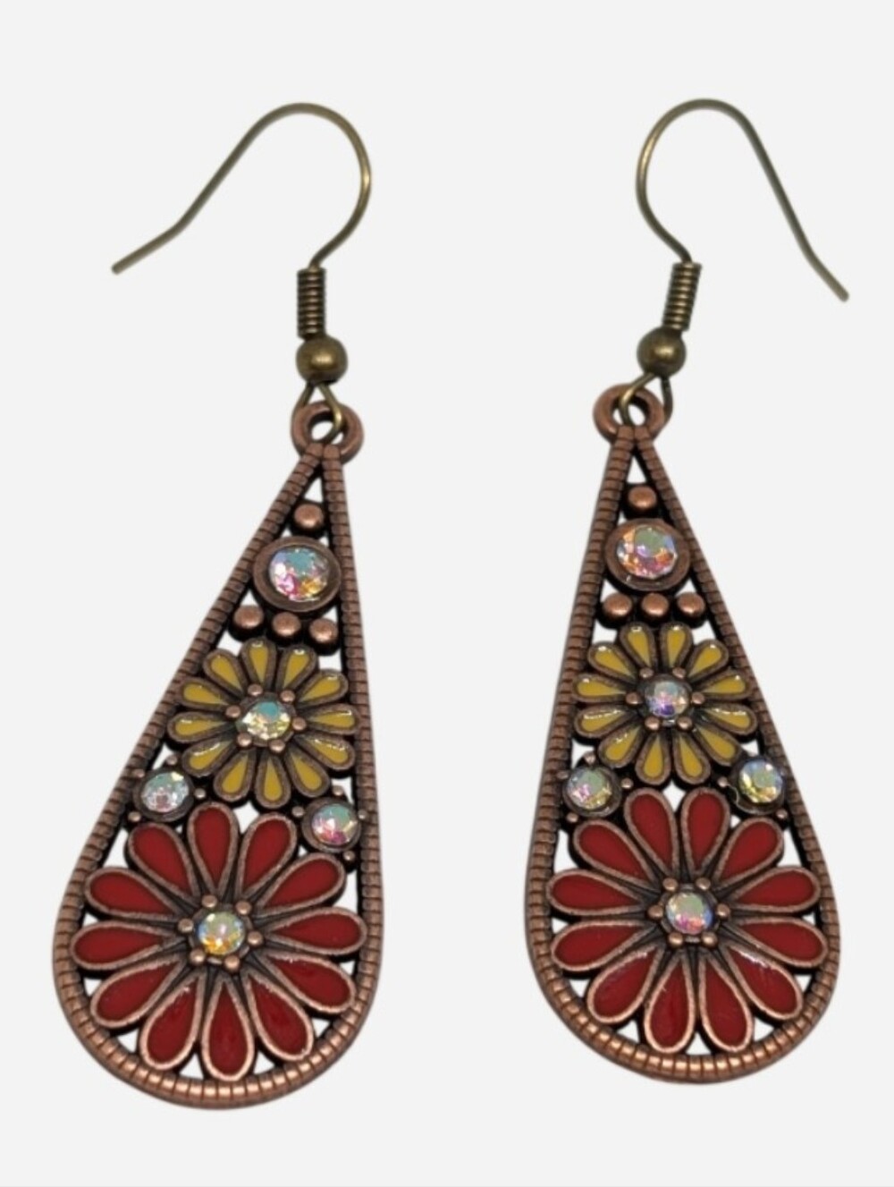 Floral Teardrop Dangle Earrings - Red & Yellow